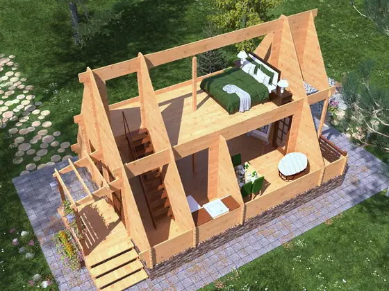 Дачный домик 6 × 9,6 м, 2 этажа